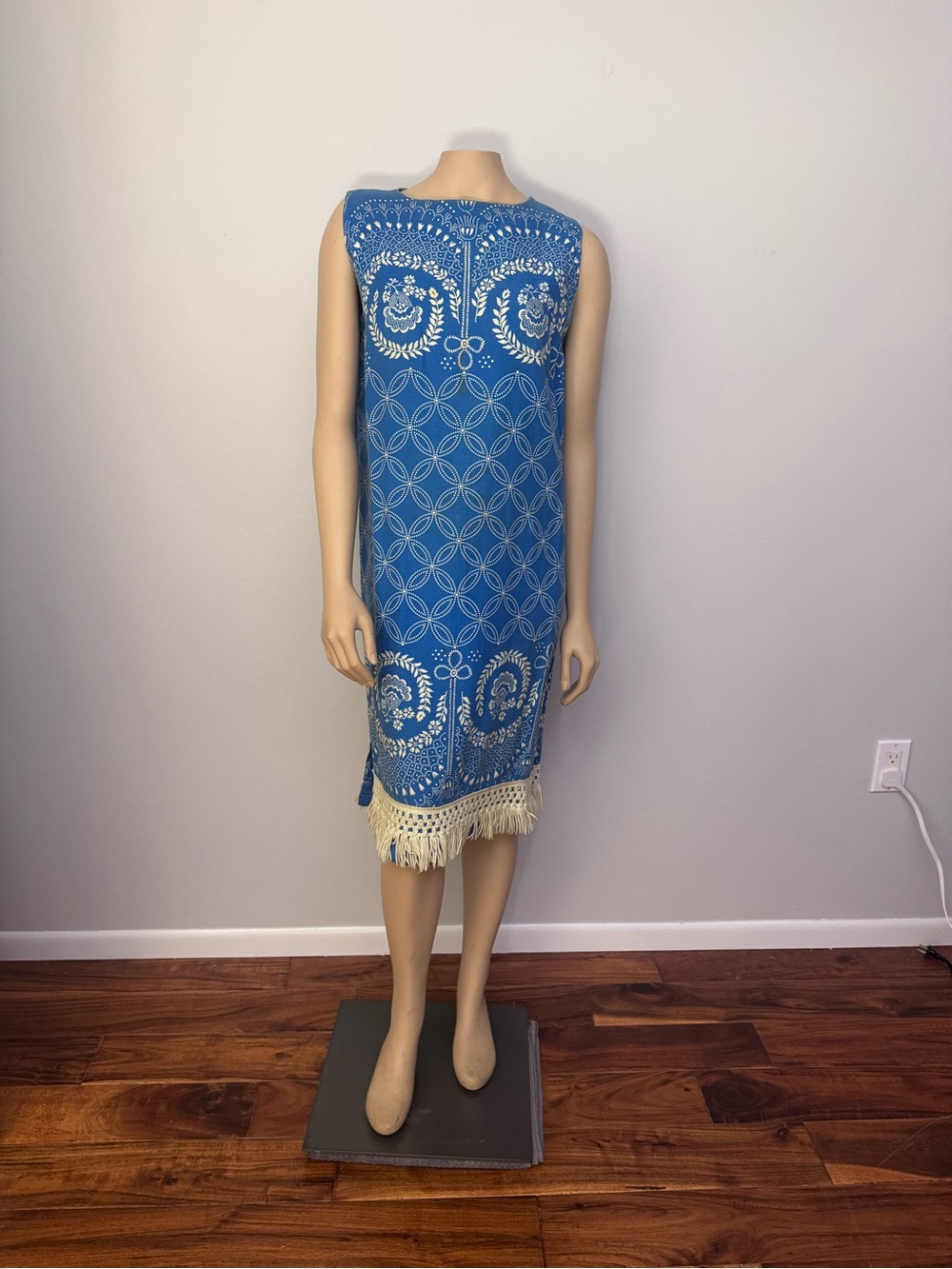 Sleeveless Blue Printed Midi Dress with Fringe Hem